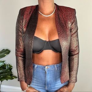 Vintage Burgundy Black & Gold Silk Open Front Blazer Jacket Women's | Size: S